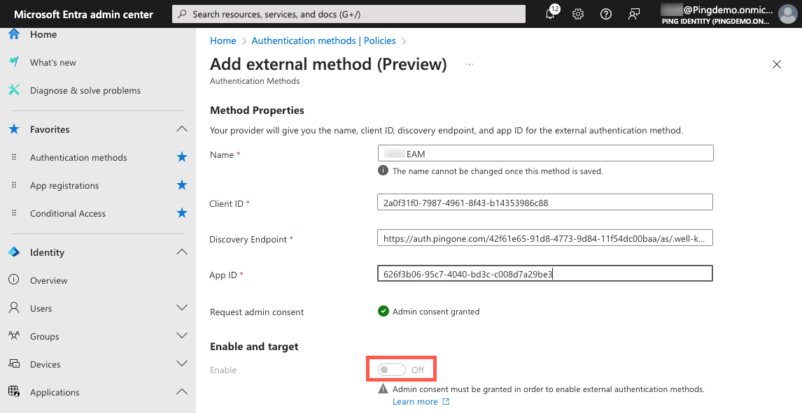 A screenshot of the External Authentication Method configuration page in the Entra admin center.