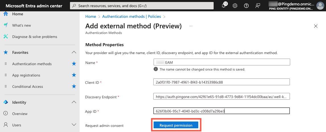 A screenshot of the External Authentication Method configuration page in the Entra admin center.