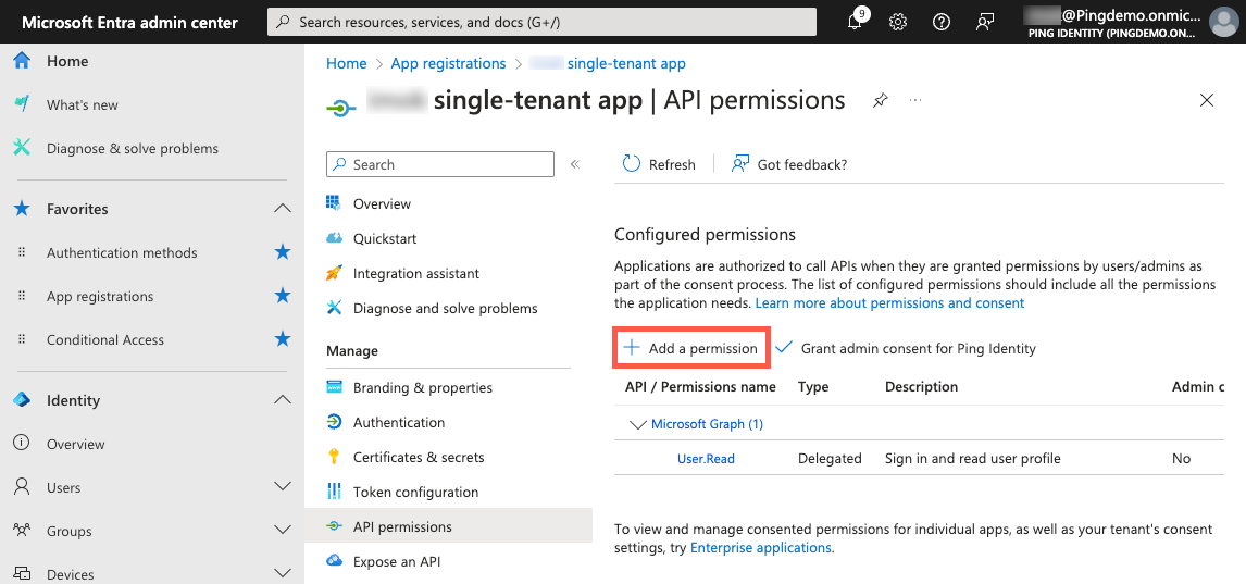 A screenshot of the API permissions page in the Entra admin center.