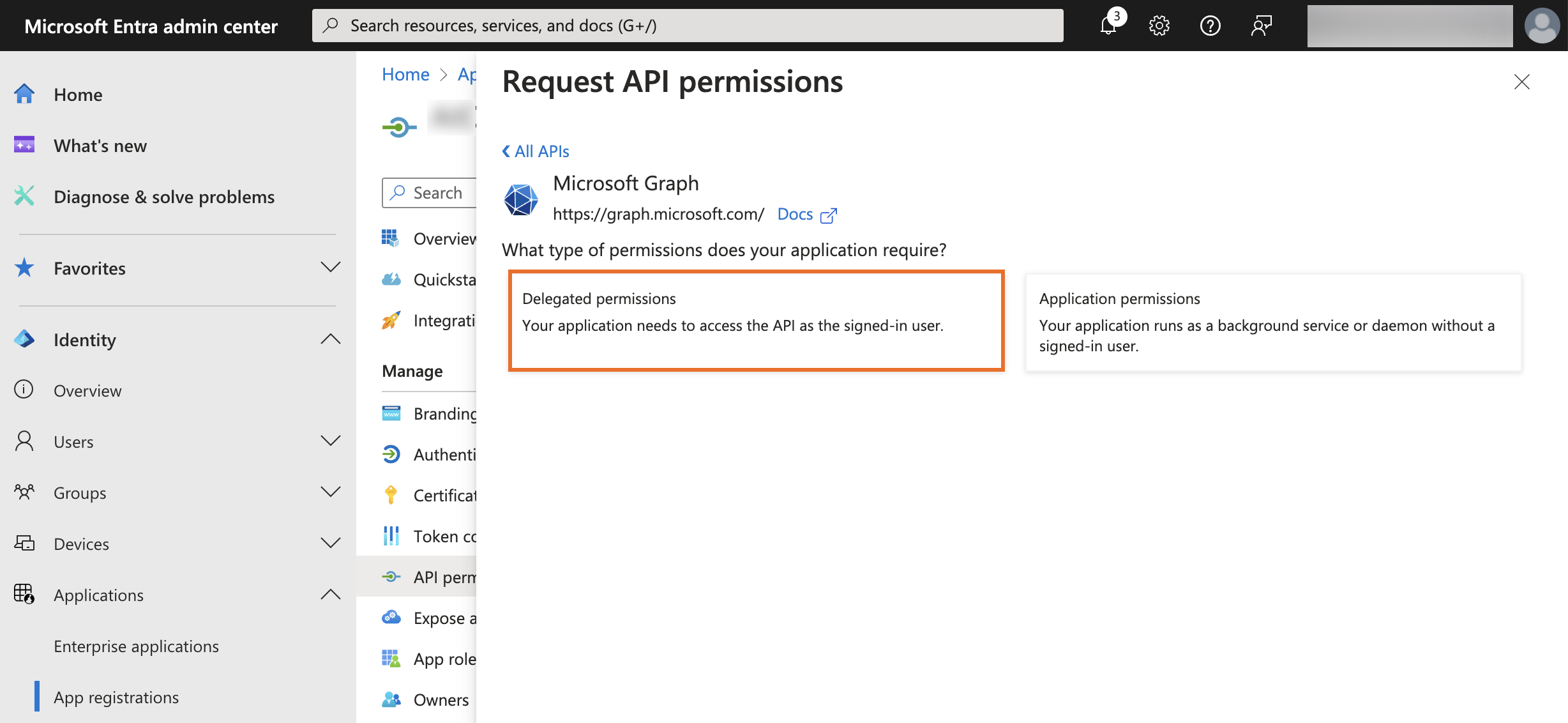 A screenshot of the Request API permissions panel - Type of permissions in the Entra admin center.