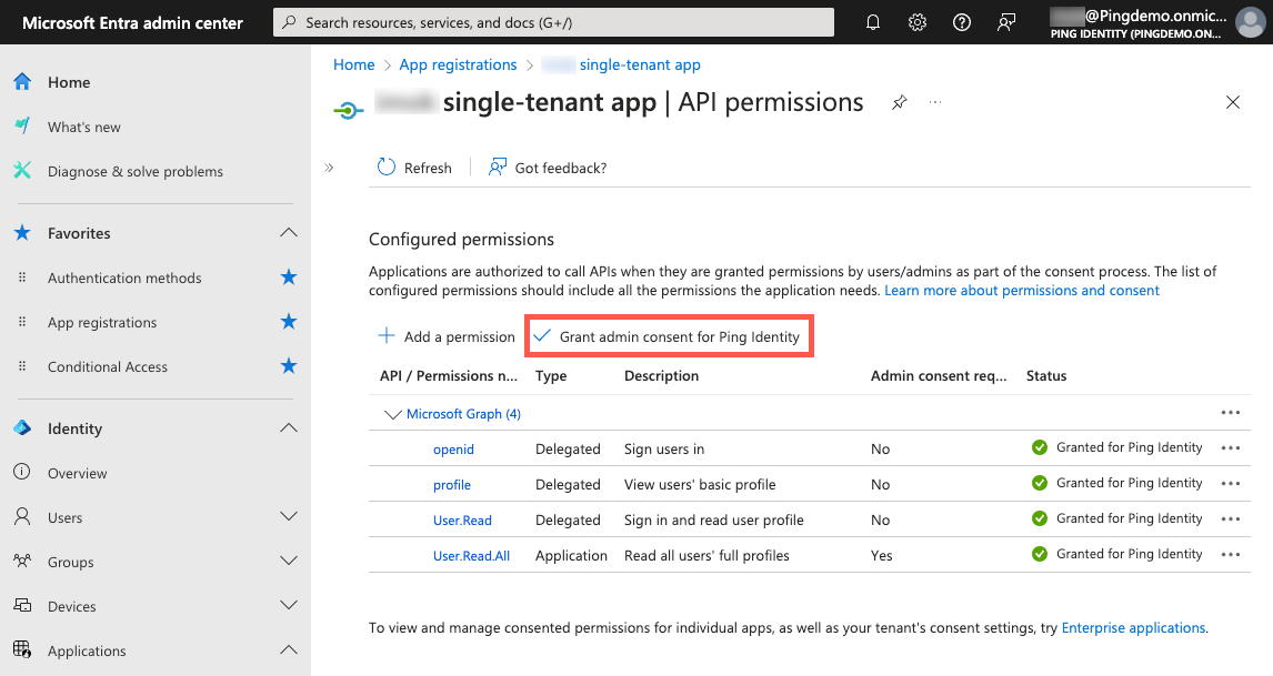 A screenshot of the API permissions page in the Entra admin center showing how to grant admin consent.