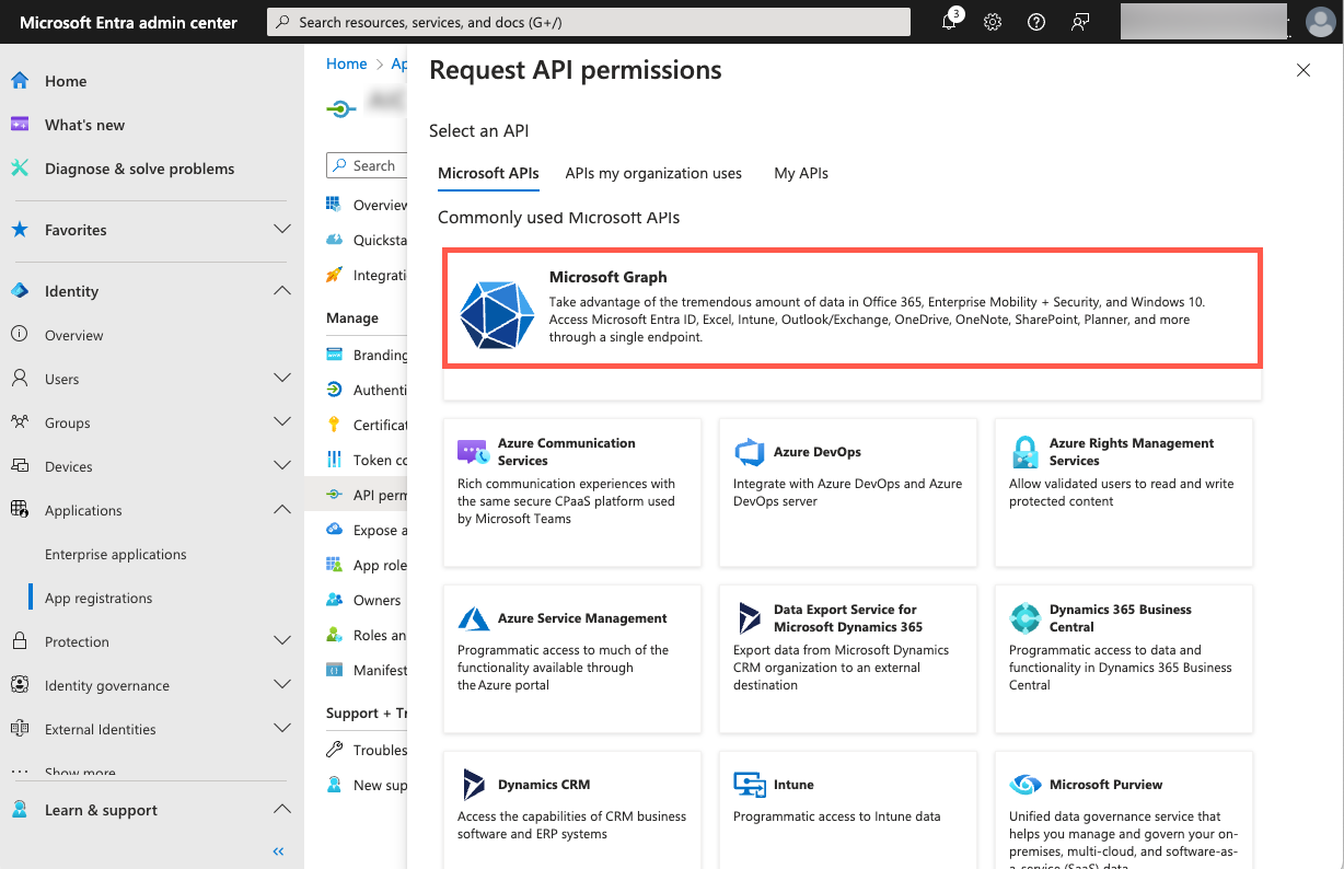 A screenshot of the Request API permissions panel in the Entra admin center.