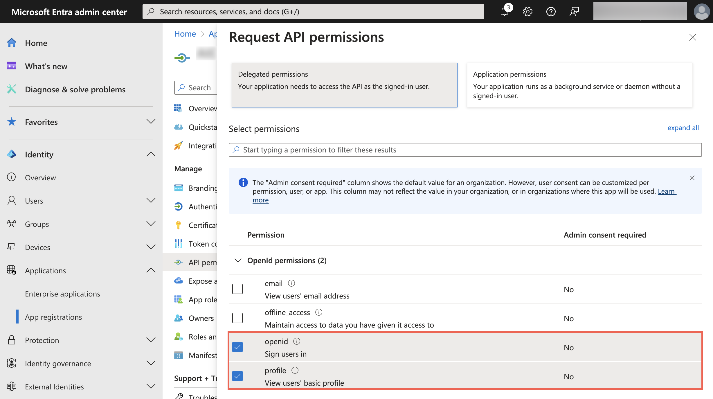 A screenshot of the Request API permissions page - Openid permissions in the Entra admin center.