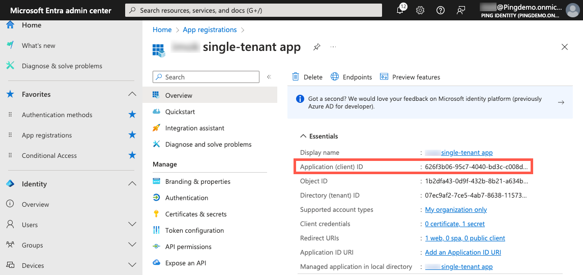 A screenshot of the Application Overview page - Application ID in the Entra admin center.