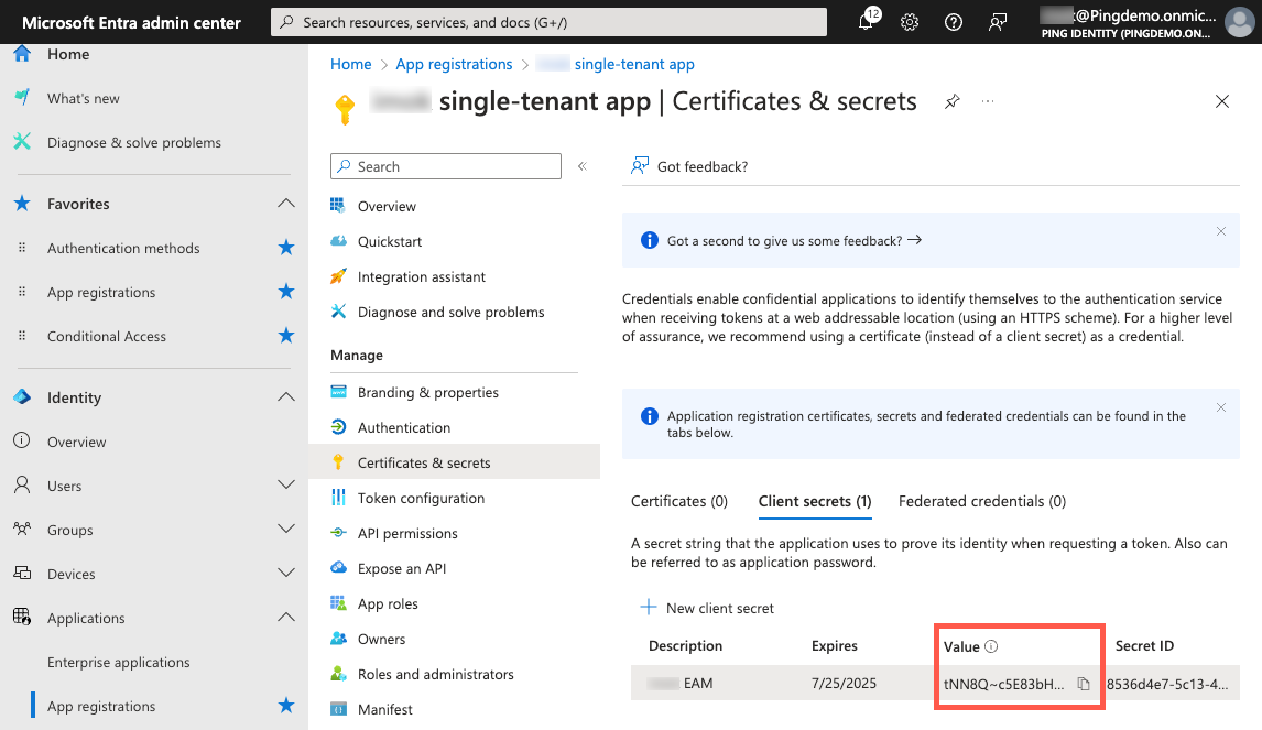 A screenshot of the Certificates & secrets page in the Entra admin center.