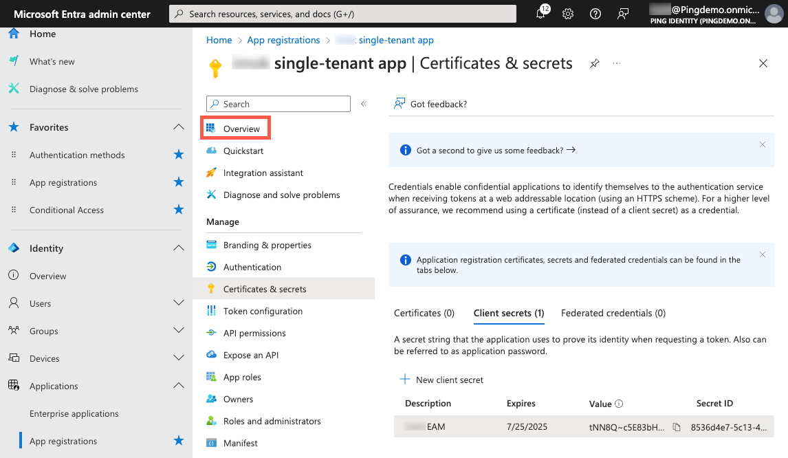 A screenshot of the Certificates & secrets page in the Entra admin center.