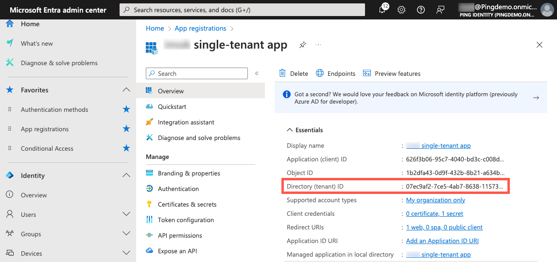 A screenshot of the Application Overview page - Directory ID in the Entra admin center.