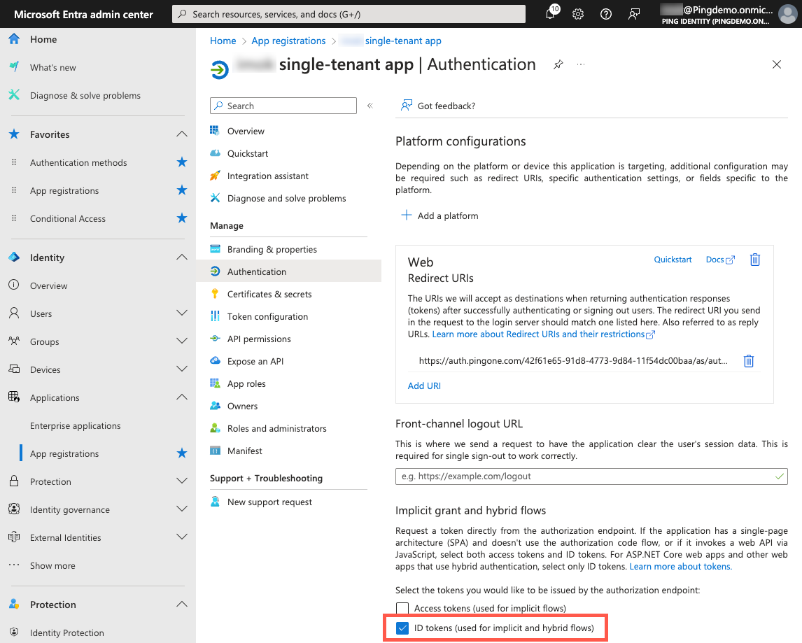 A screenshot of the Authentication page for the application in the Entra admin center.