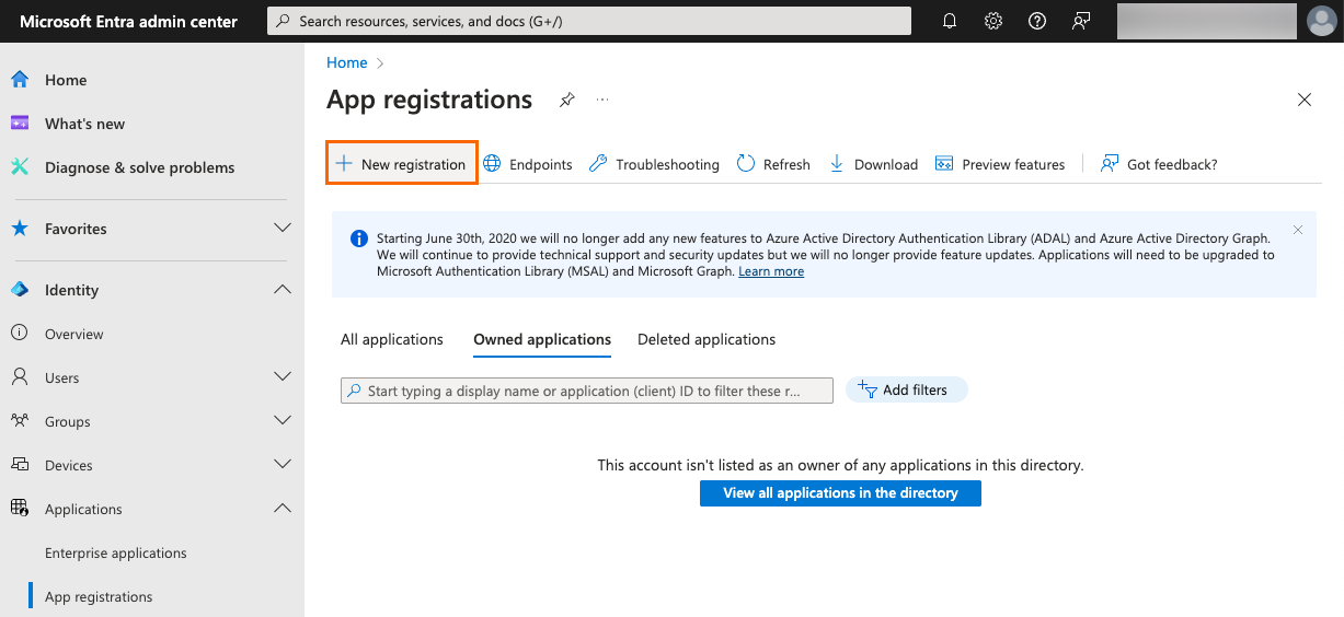 A screenshot of the App registrations page in the Entra admin center.