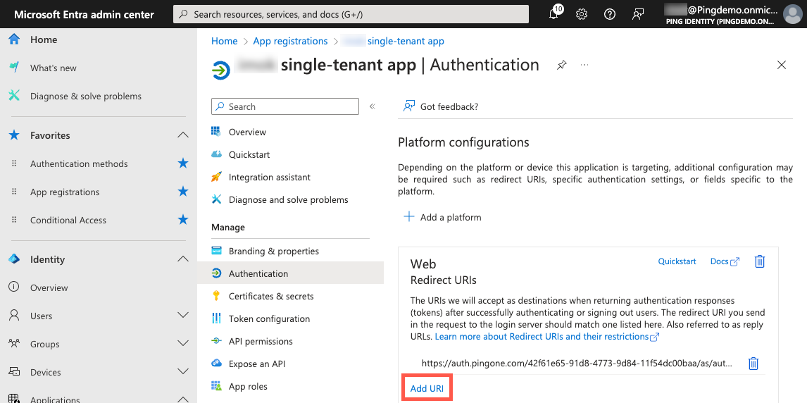 A screenshot of the Authentication page - Redirect URIs in the Entra admin center.