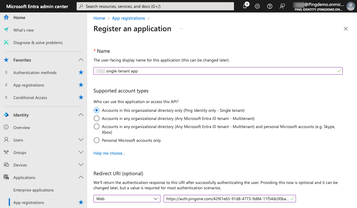 A screenshot of the Register an application page in the Entra admin center.