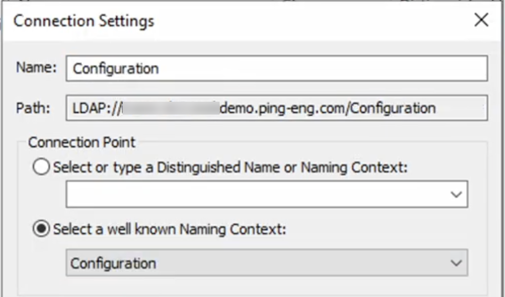 A screen capture of the ADSI Edit Connection Settings modal with Configuration selected as well known naming context.
