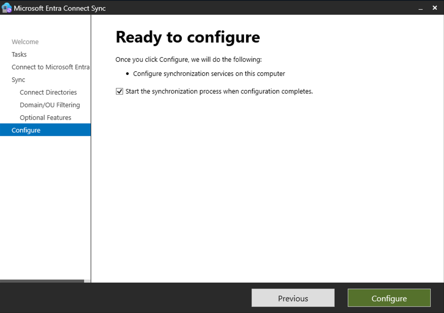 A screen capture of the Entra Connect Sync installation program - Ready to configure step.