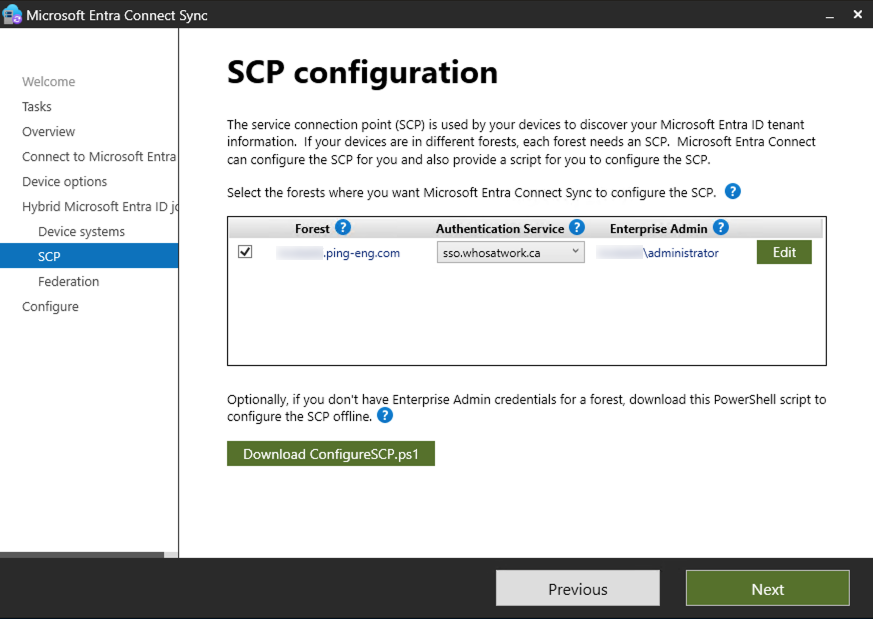 A screen capture of the Entra Connect Sync SCP configuration step.
