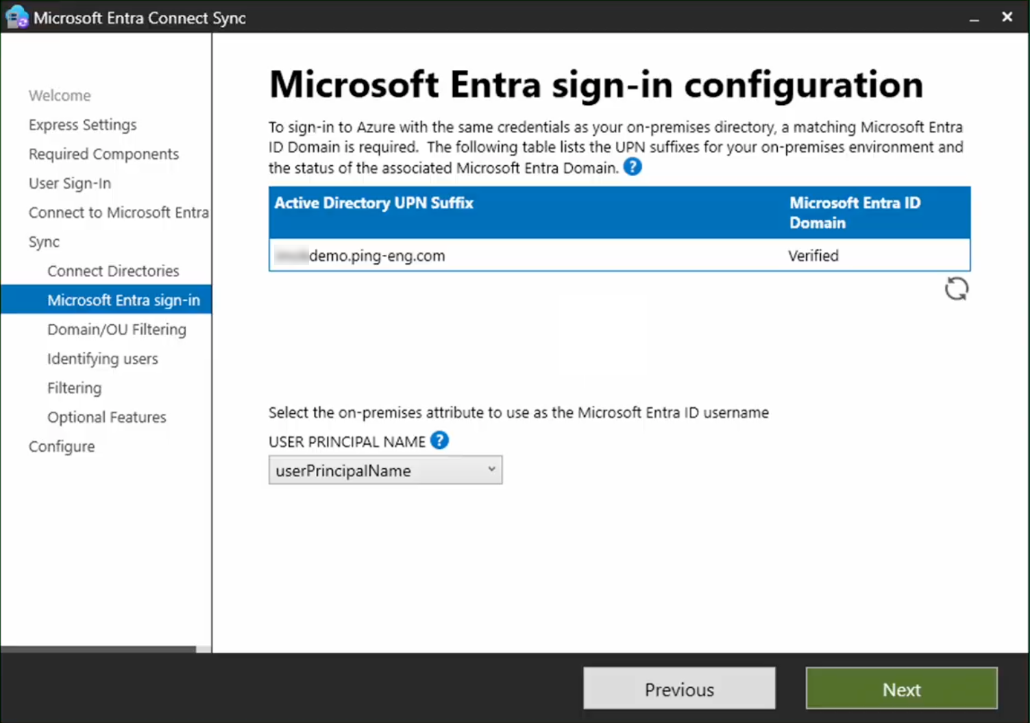 A screen capture of the Entra Connect Sync installation program - Microsoft Entra sign-in configuration step.