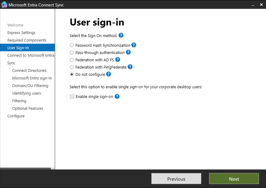 A screen capture of the Entra Connect Sync installation program - User sign-in step.