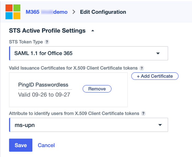 A screenshot of the Microsoft 365 application configuration settings.