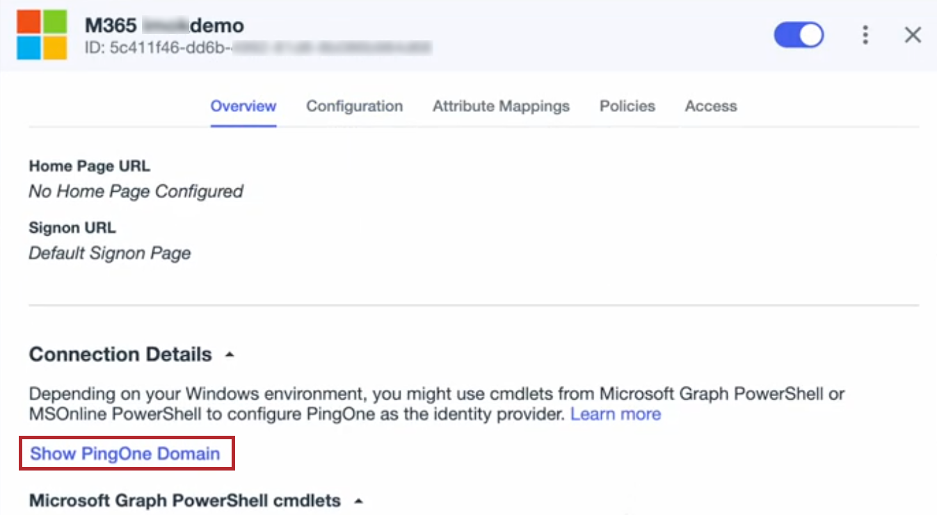 A screen capture of the Microsoft 365 application Overview tab with Show PingOne Domain circled.