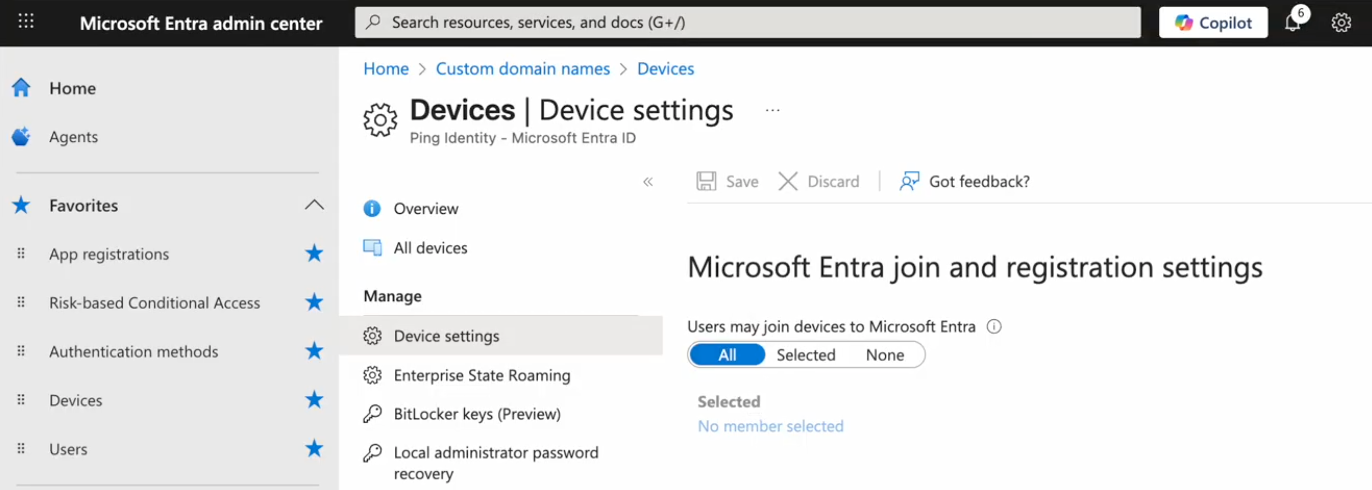 A screenshot of the Users may join devices to Microsoft Entra setting set to All in the Entra admin center."