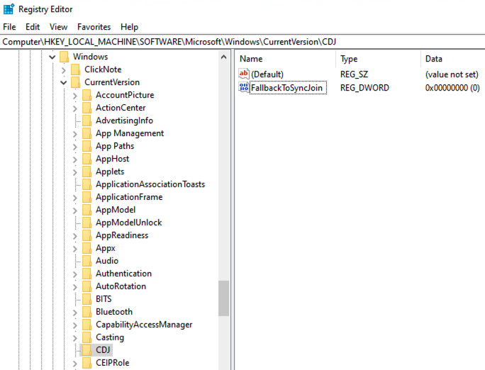 A screen capture of the Windows Registry Editor showing Fallback to Sync Join selected.