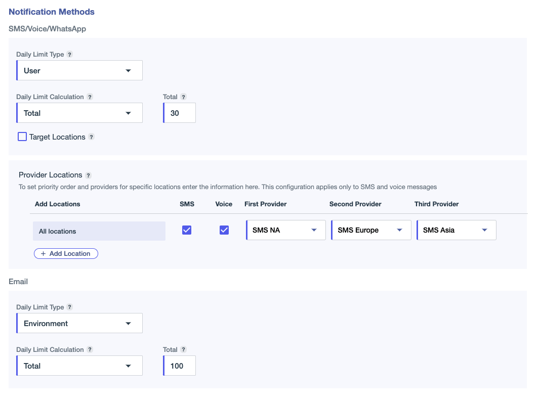 Screen capture of notification policy configuration page