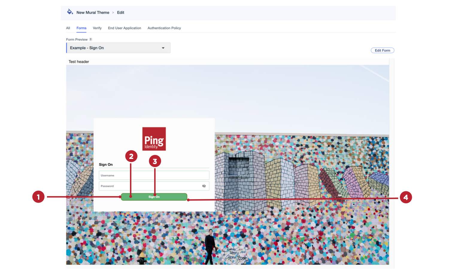 A screen capture of a form preview with callouts to show what each button setting applies to.