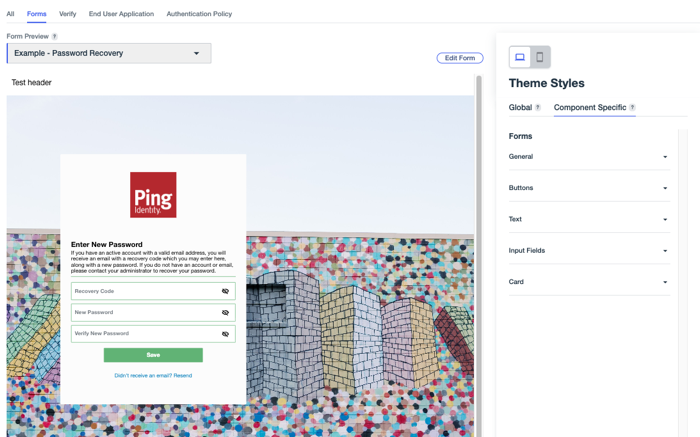 A screenshot of the Edit theme page showing the Forms tab selected with the Component Specific tab in focus.