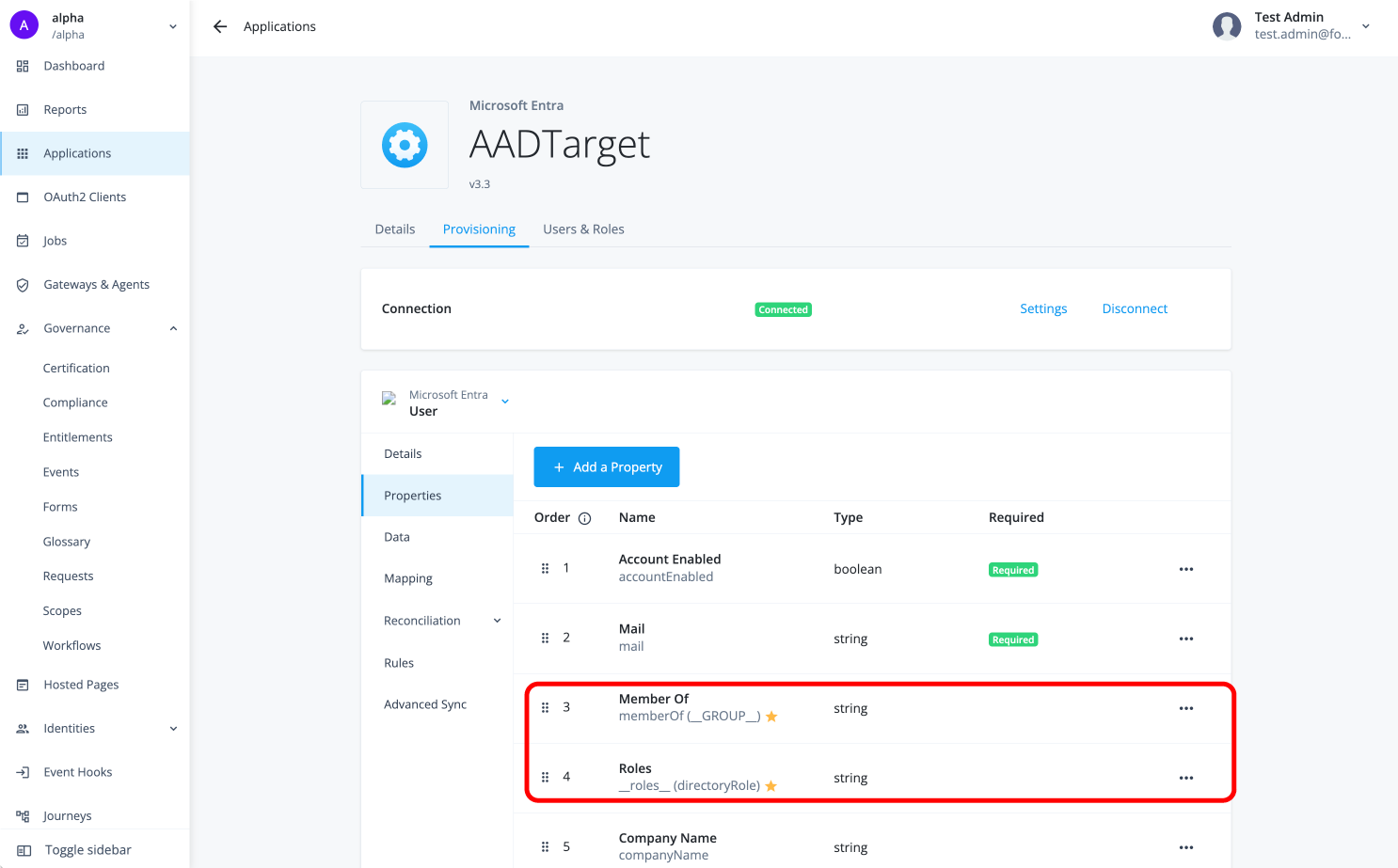 Account attributs identified as an entitlement have a star next to them.