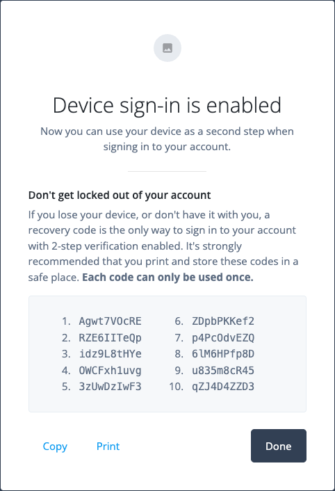 Recovery codes screen