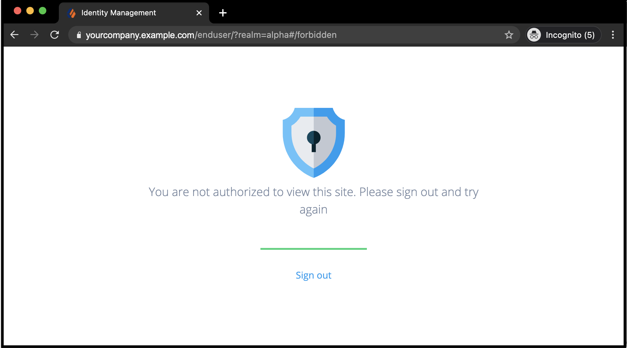 Screenshot of a browser showing the message 'You are not authorized to view this site. Please sign out and try again'