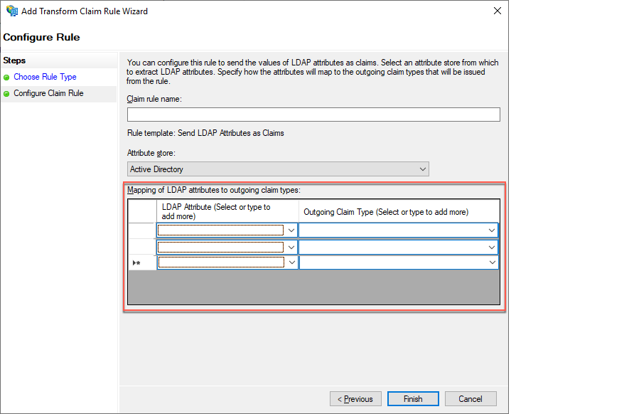 Mapping of LDAP attributes to outgoing claim types in the claim rule