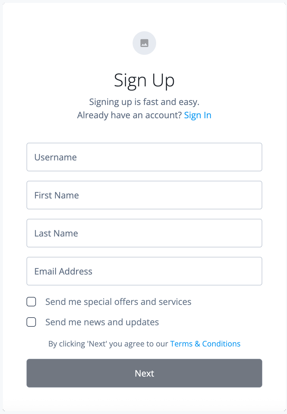 Sign up page