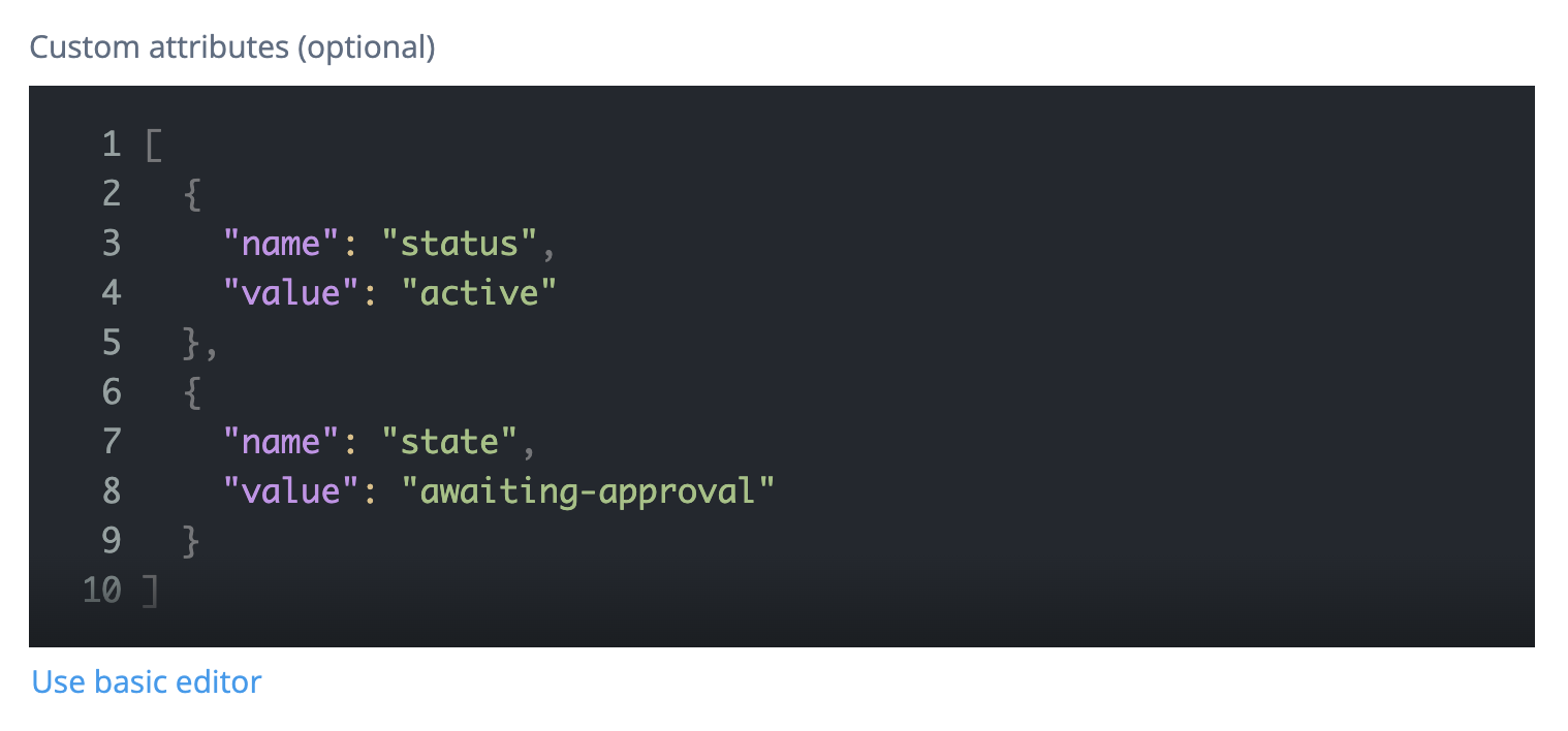 AI agent identity custom attributes advanced editor showing a JSON object with two key-value pairs: 'status': 'active' and 'state': 'awaiting-approval'