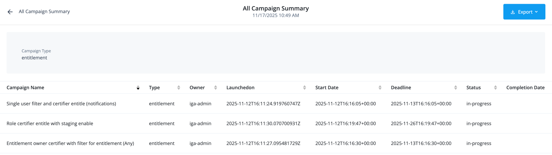 The all campaigns summary report provides an overview of all certification campaigns.