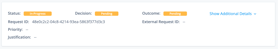 Governance request details displaying request ID, priority, justification, and external ID.