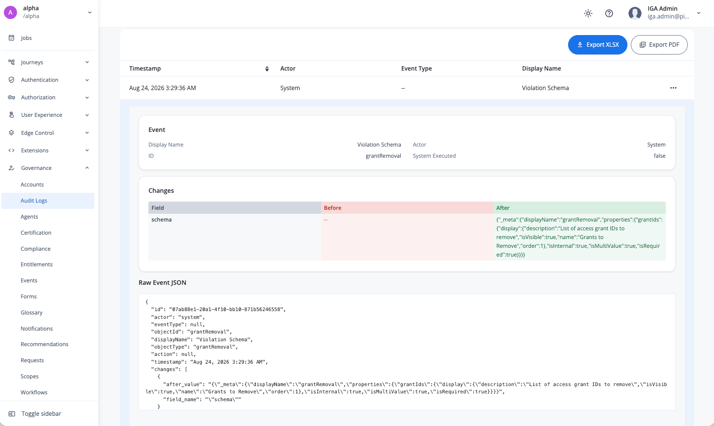 Identity Governance audit log details page displaying element changes before and after and the raw event JSON.