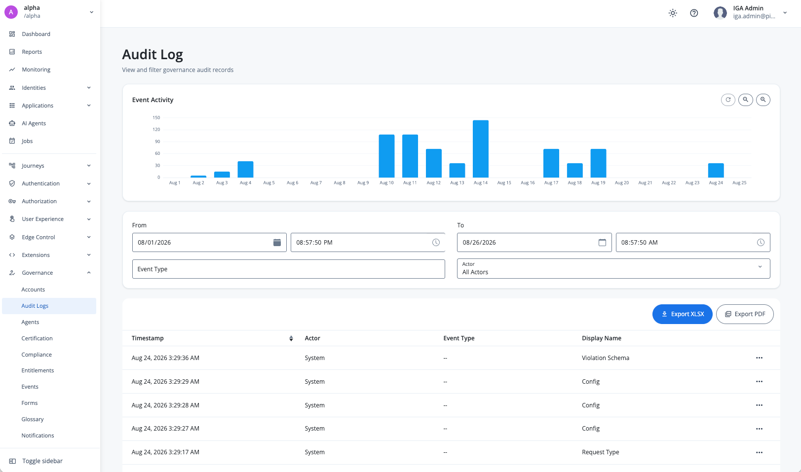 Identity Governance audit log page.