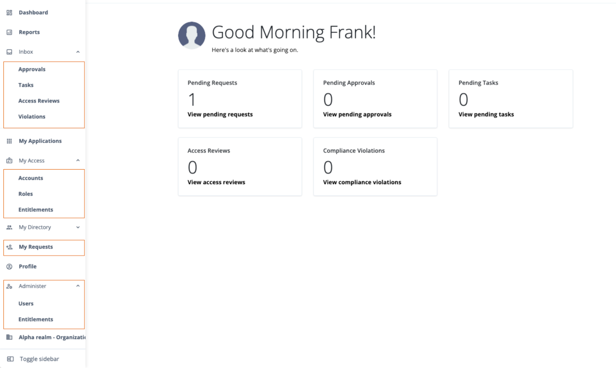 IGA menu items appear in the left navigation pane of the Advanced Identity Cloud end-user UI.
