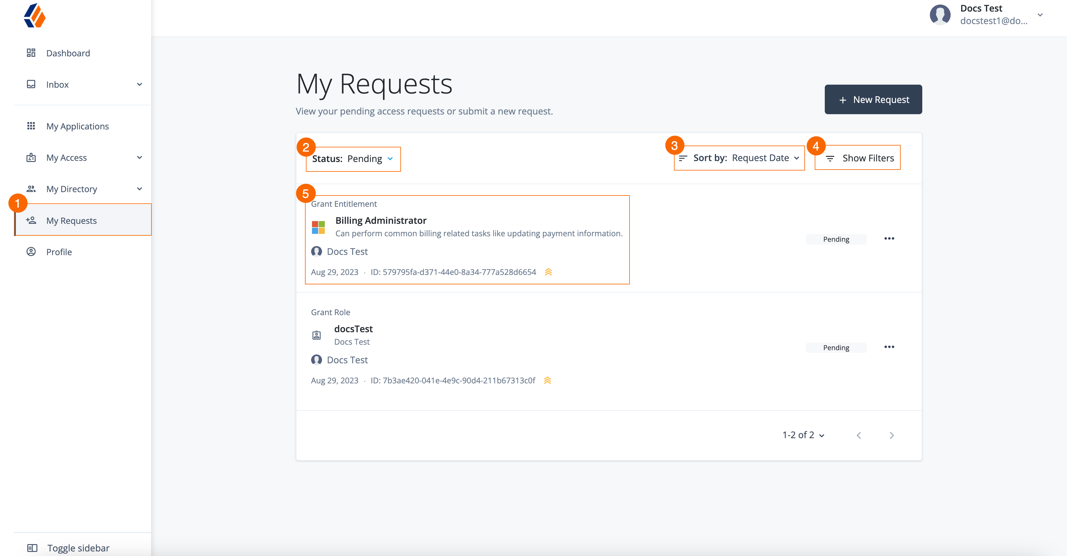 Screenshot of the the access requests landing page.