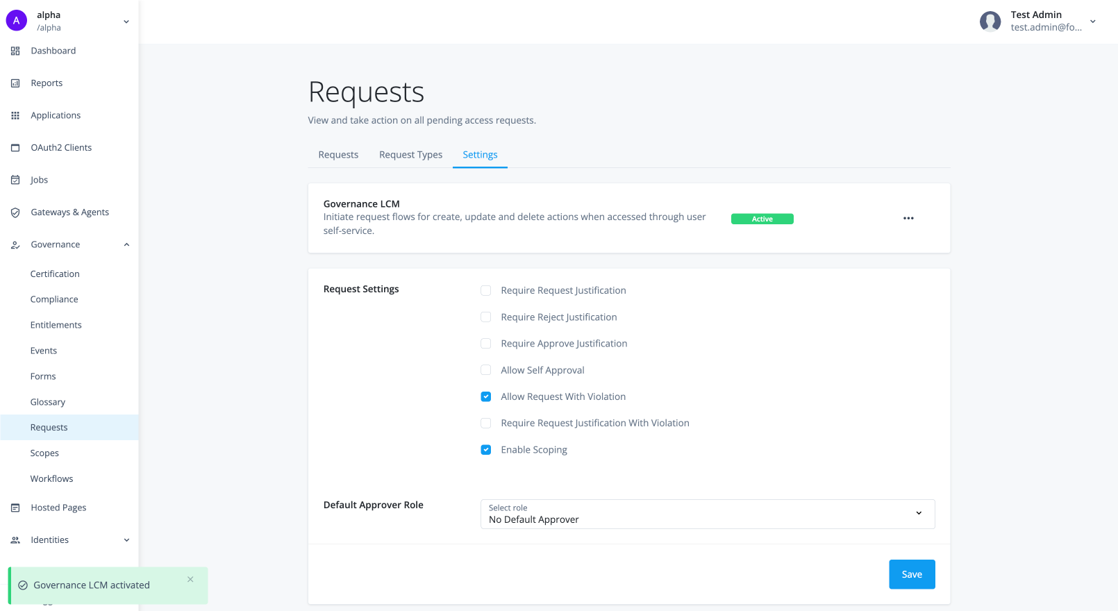 Enable governance LCM on the Requests page.
