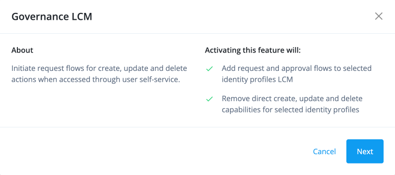 Screen capture of the Governance LCM modal showing introductory information about the feature with a Next button to proceed.