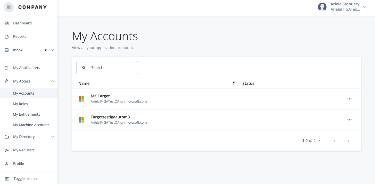 The my accounts page on the end-user hosted UI page