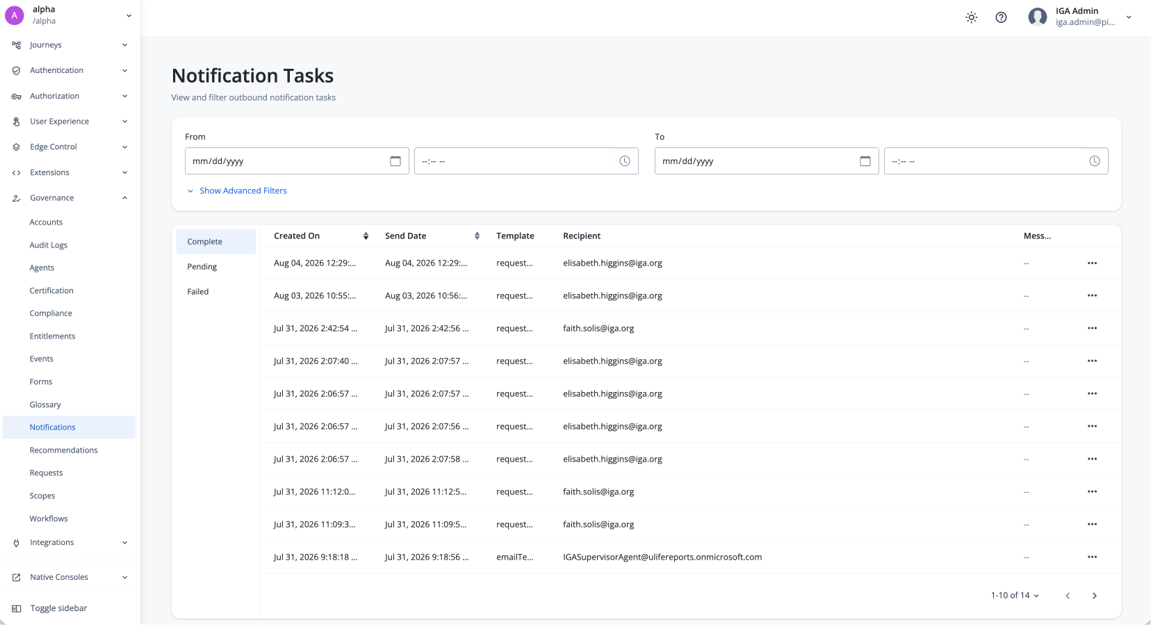 Notifications page with notification list and filters