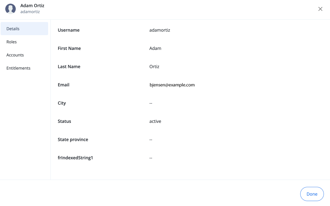Access review user details modal displaying the limited set of user attributes.