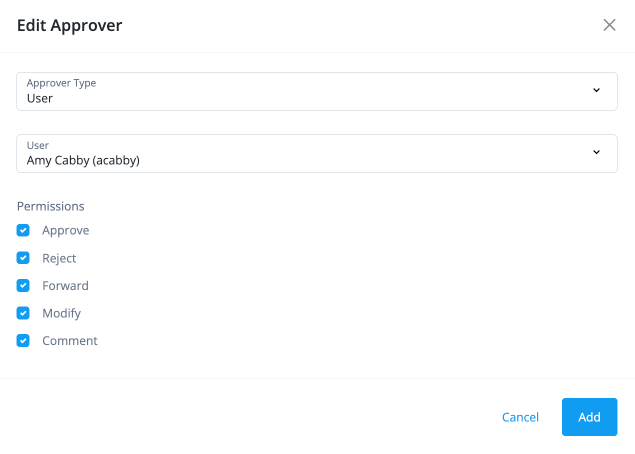 Edit approver page in the Create User workflow