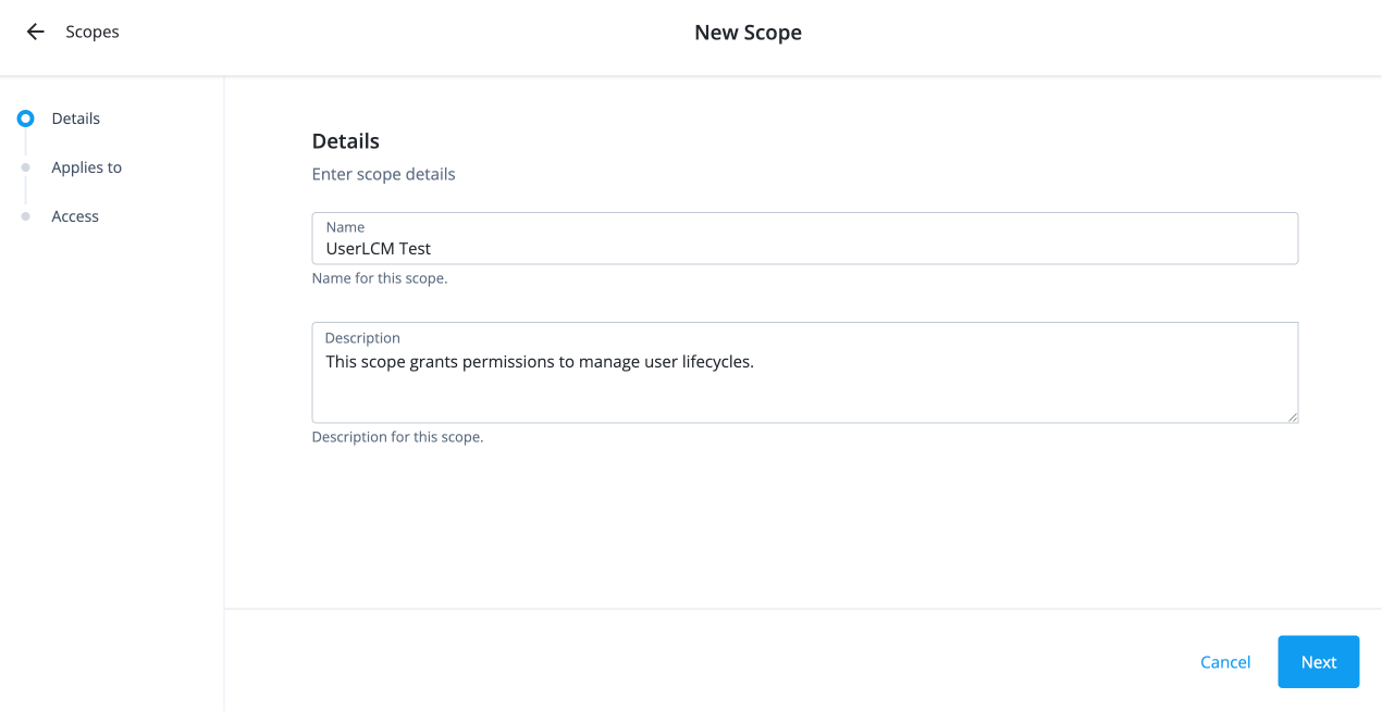 Scope details page displaying name and description