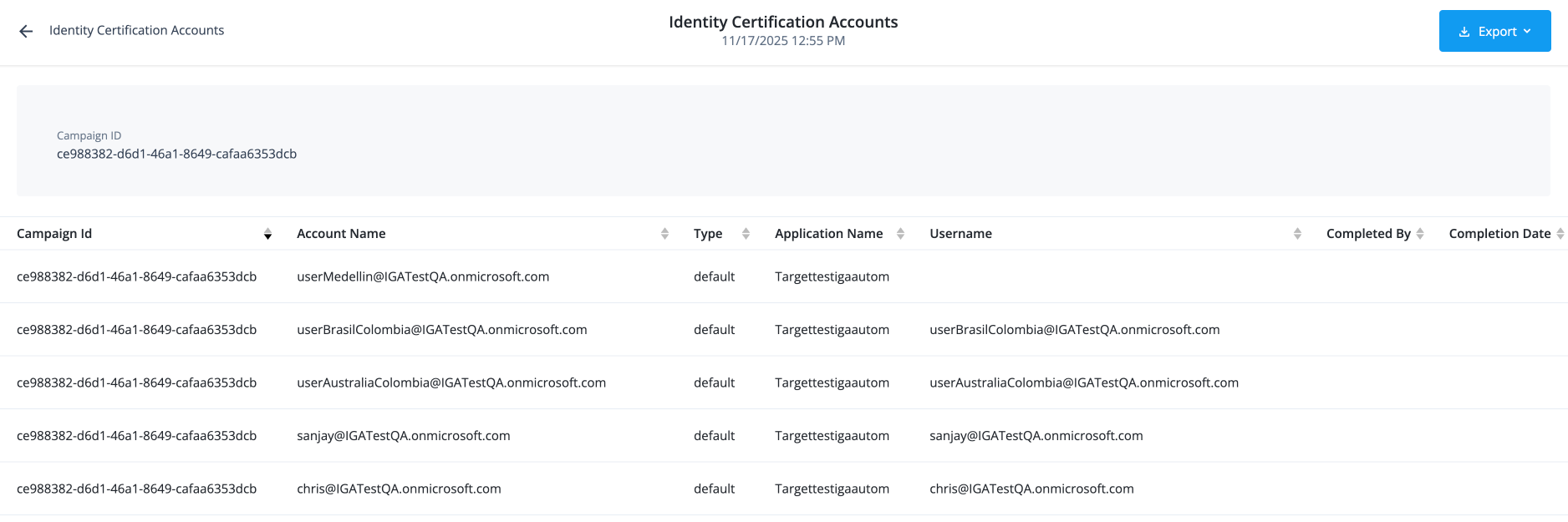 The identity certification accounts report provides the certification decisions made for user accounts during a campaign.