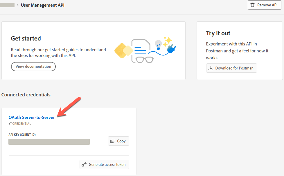 Adobe Developer Console, connected credentials