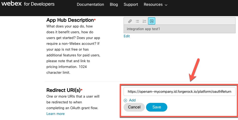 Webex integration app redirect URI