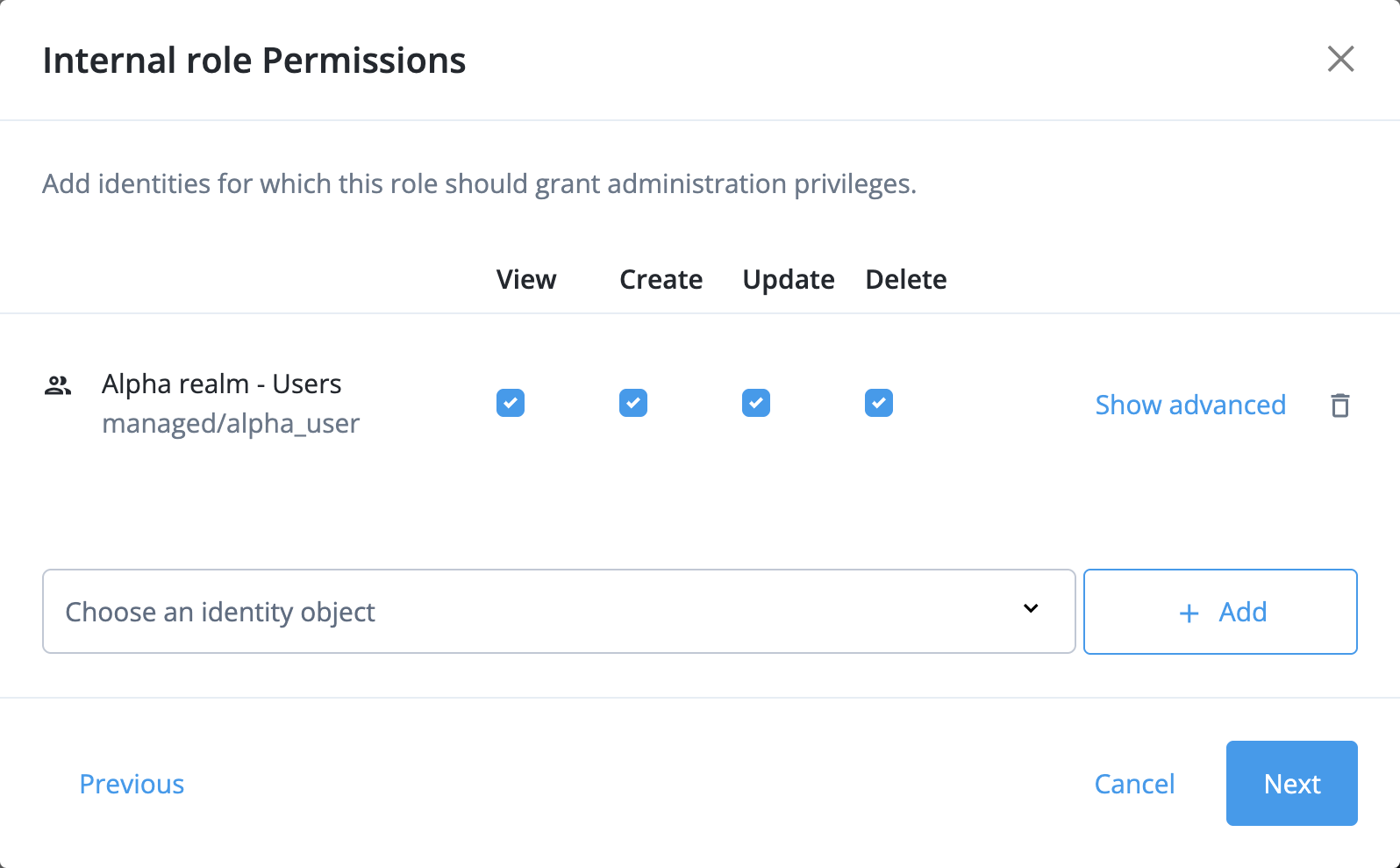 Internal role Permissions modal